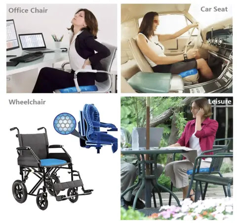  various types of chairs including office chair, car seat, wheelchair, and outdoor chair.