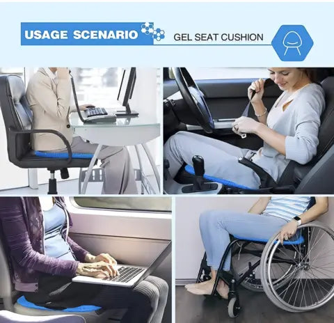  gel seat cushion with people using it in various settings.