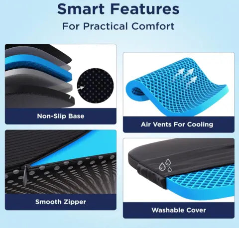 non-slip base, air vents for cooling, cushion